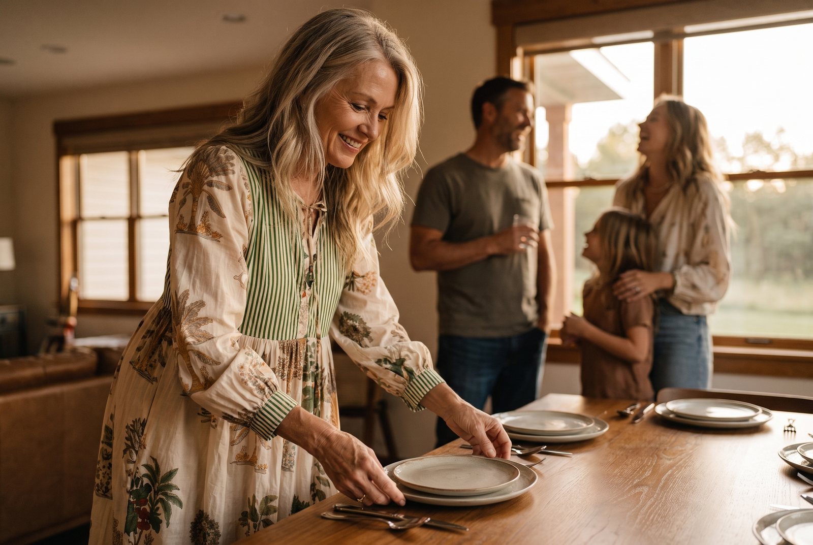 A woman in a House of Sundar printed midi dress laying the table for dinner