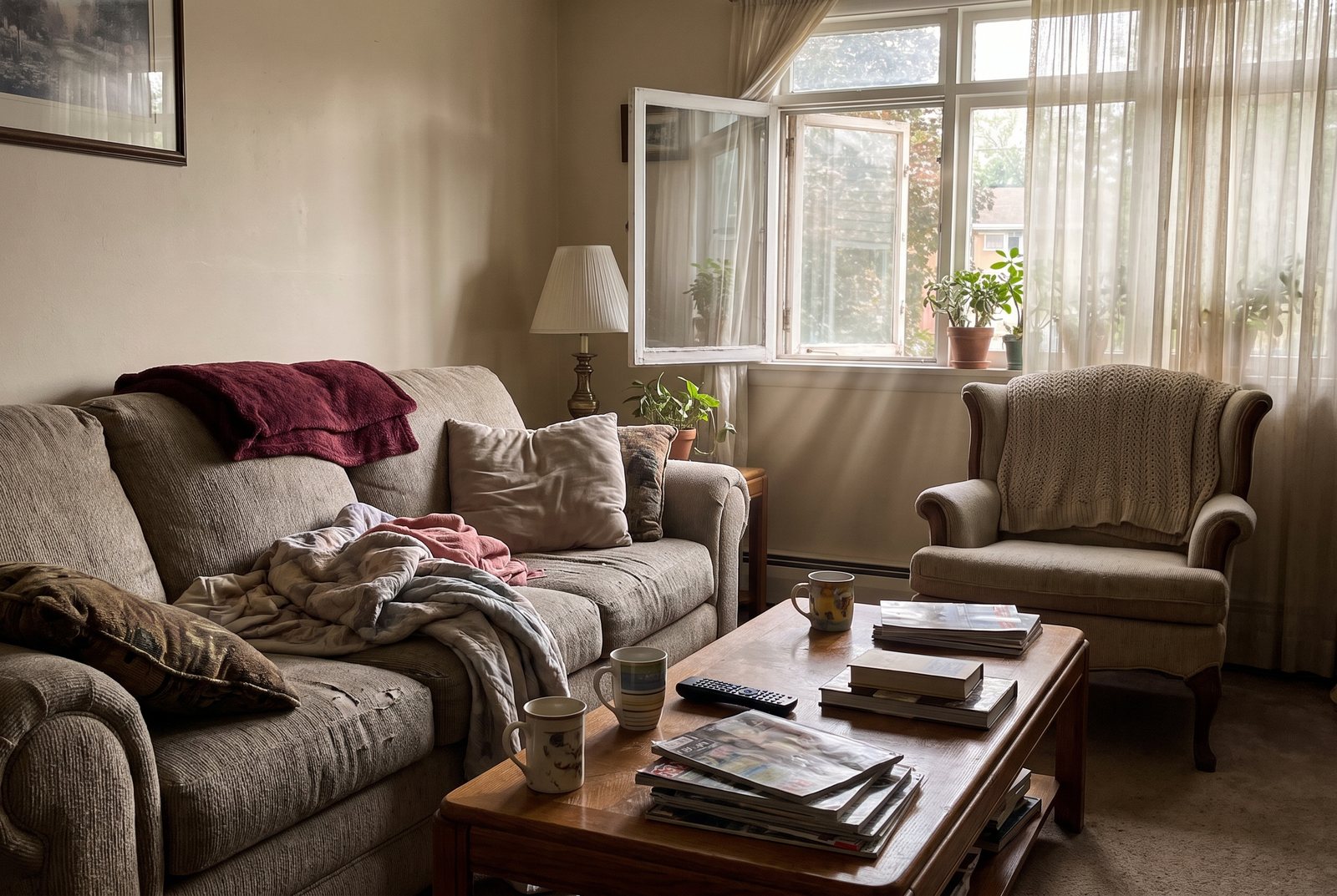 An empty armchair set slightly apart from the sofa beside an open window