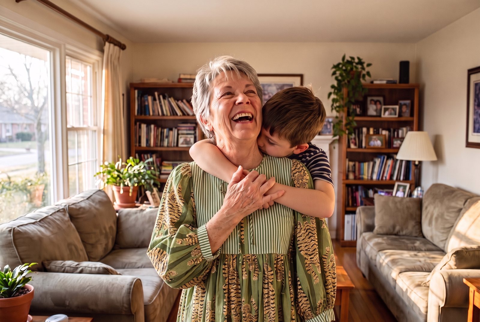 A woman in the House of Sundar Tara midi dress laughing while her grandson hugs her