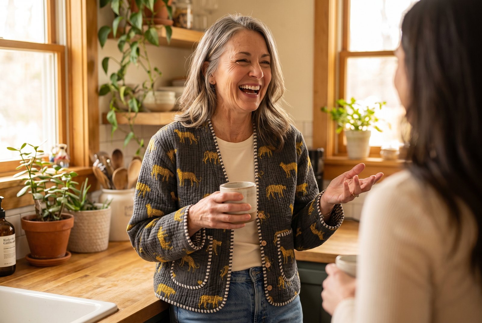 A woman in a House of Sundar quilted block-print jacket talking with a friend in her kitchen