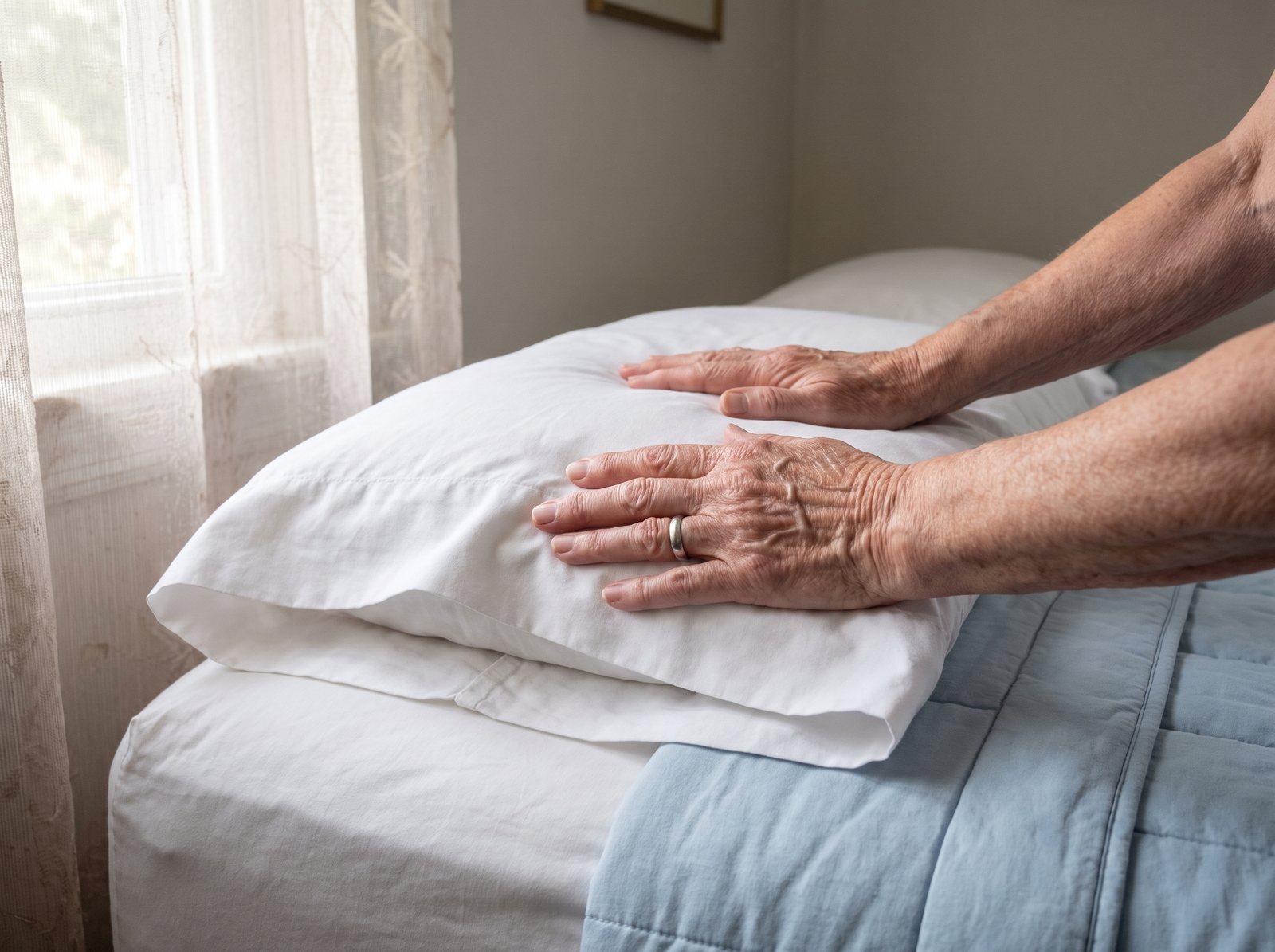 Hands smoothing a fresh white pillowcase over a pillow