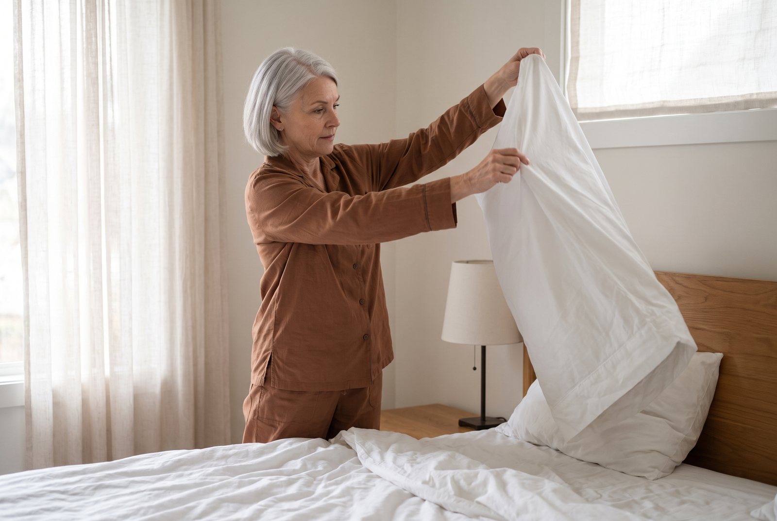 A woman in a House of Sundar pyjama set stripping the pillowcase from her bed