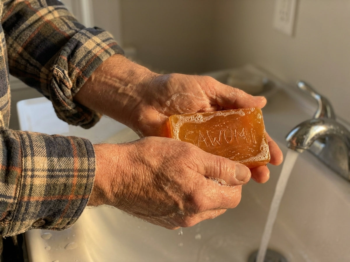 Customer in his garden with his SAWUMI persimmon soap
