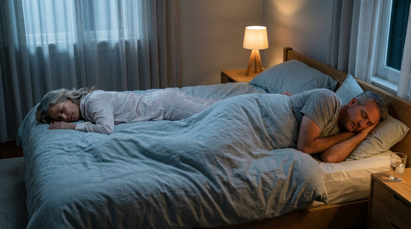 A couple asleep with a visible gap between them in bed