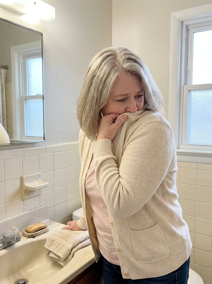 Diane alone in the bathroom checking her cardigan collar