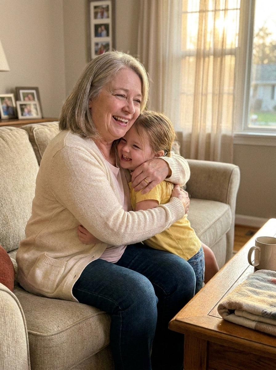 Diane laughing with her granddaughter in her lap on the same sofa