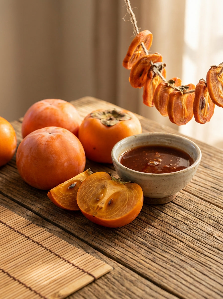 Ripe persimmons and fermented kakishibu tannin on a rustic wooden table