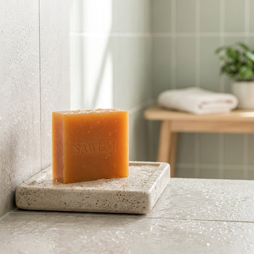 The SAWUMI persimmon bar on a stone soap dish in the shower